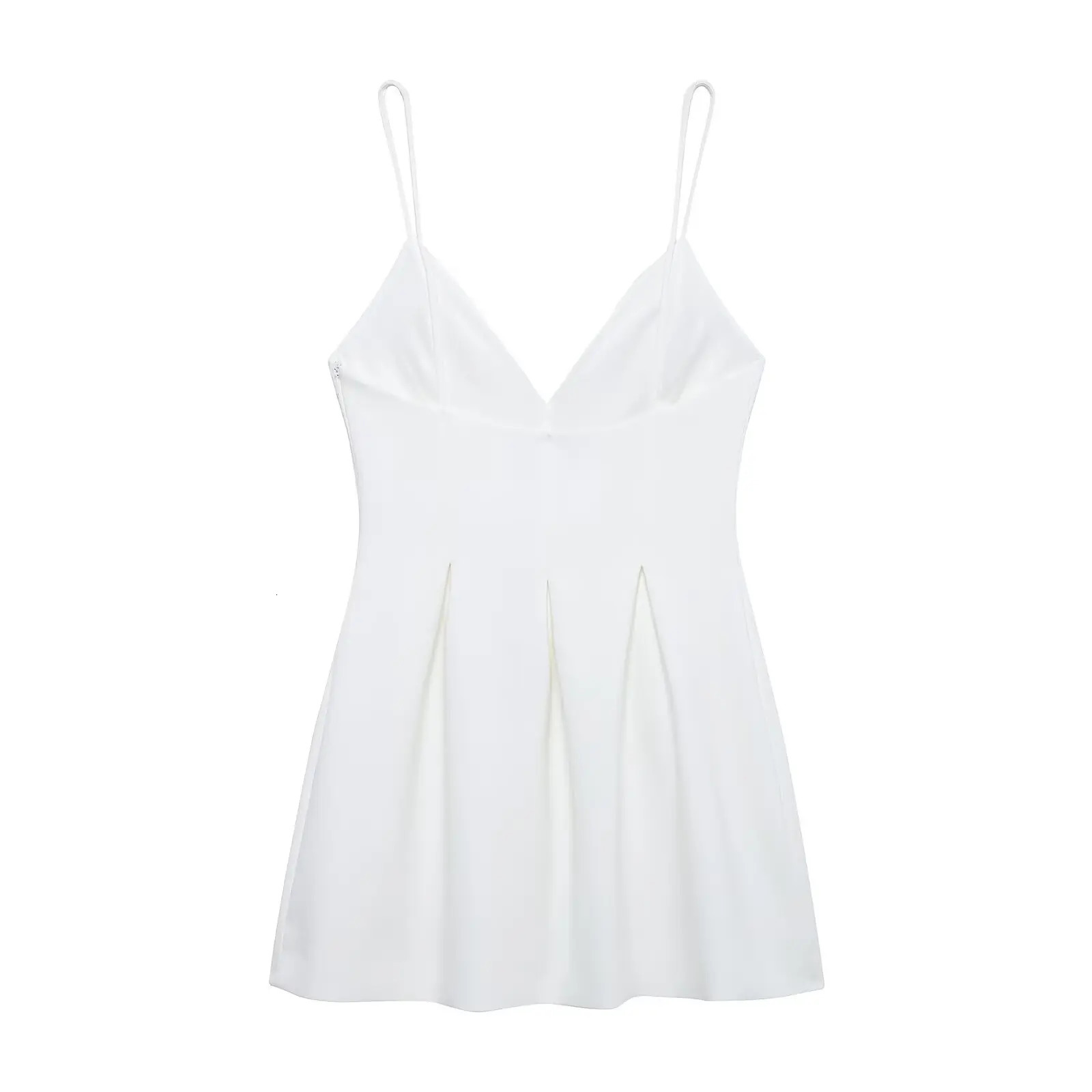 TRAFZA Women Summer High Street Sleeveless Mini Dress Solid Wide Swing Decoration Zipper Fashion VNeck Sling Dresses 250214