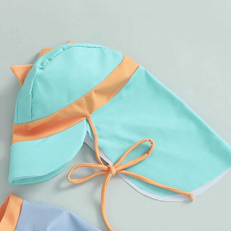 0-3T Newborn Toddler Boys Rash Guard Swimsuit Contrast Color Dinosaur Print Long Sleeve Mock Neck Zip Bathing Suit with HatXJ250214