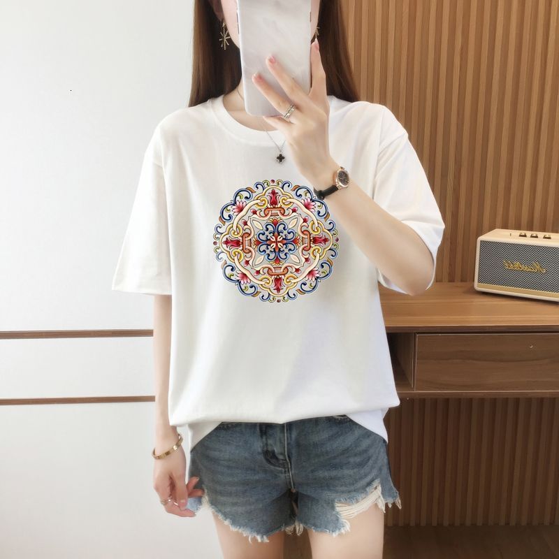 Summer Short Sleeved Printed Pure Cotton White T-shirt Designer Free Shipping Fashion Trend T-shirt Women's Top High-end Feeling Summer Plus Size