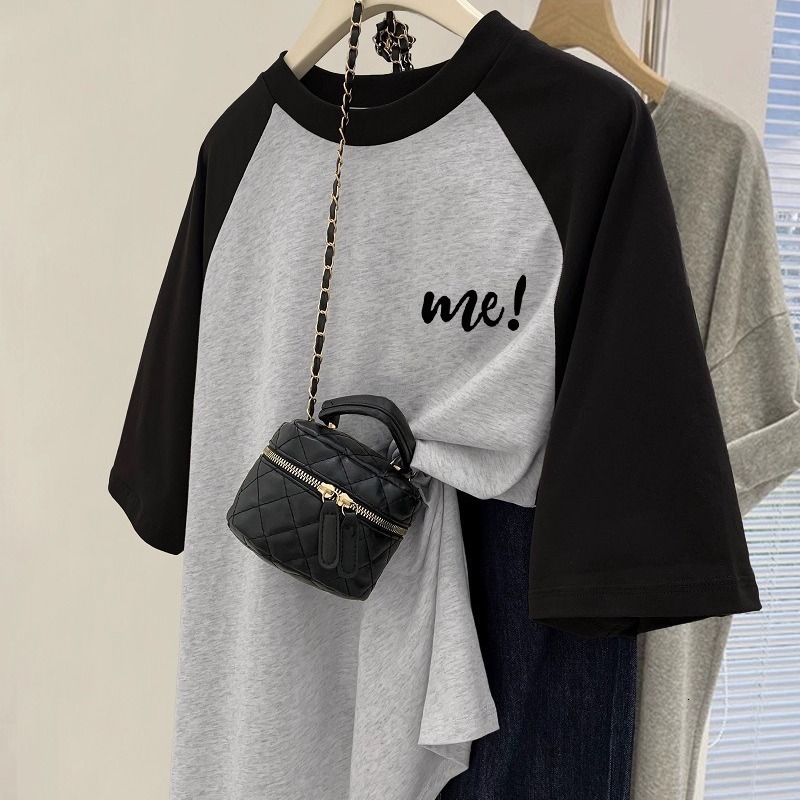 Designer Color Blocked Off Shoulder American T-shirt Short Sleeve 2025 Spring/summer New Style Loose Concealed Women's Top Grey