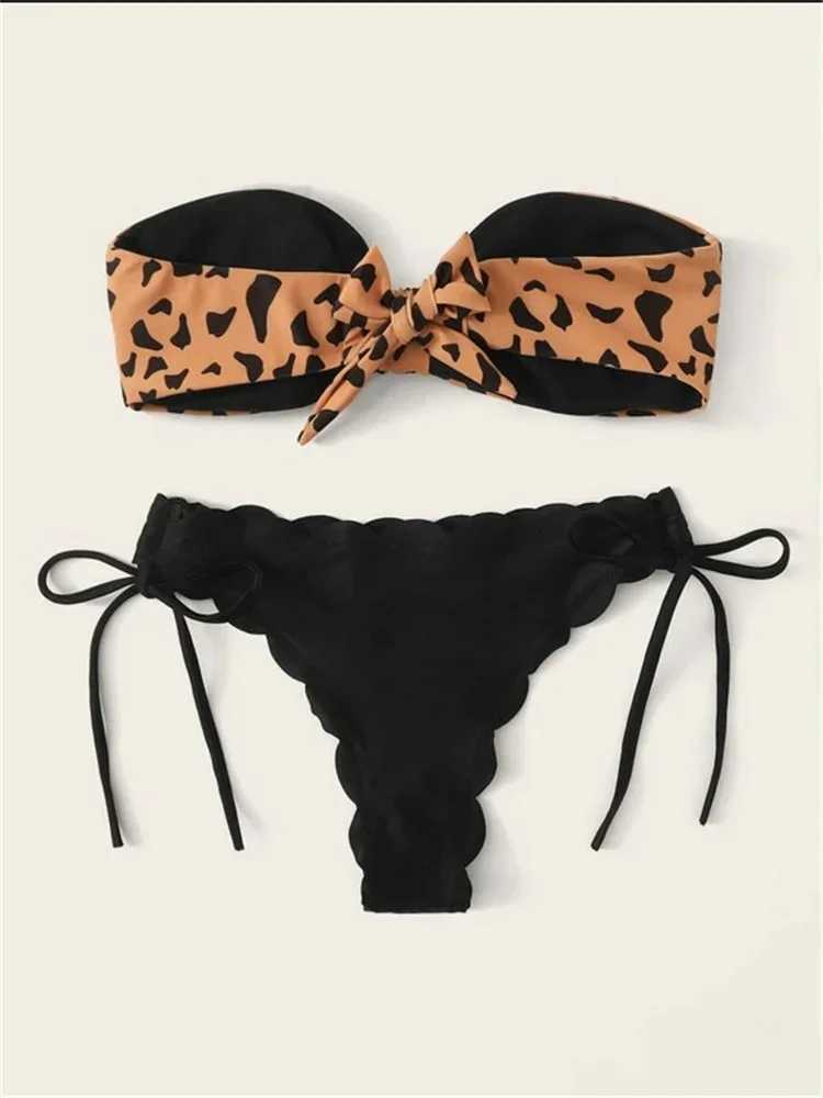 Beach Bikini 2024 Woman Sexy Front Lace Up Tie Bandeau Leopard Swimsuit Female Push Up Ruffled Bow Bathing Suit Thong SwimwearW250214