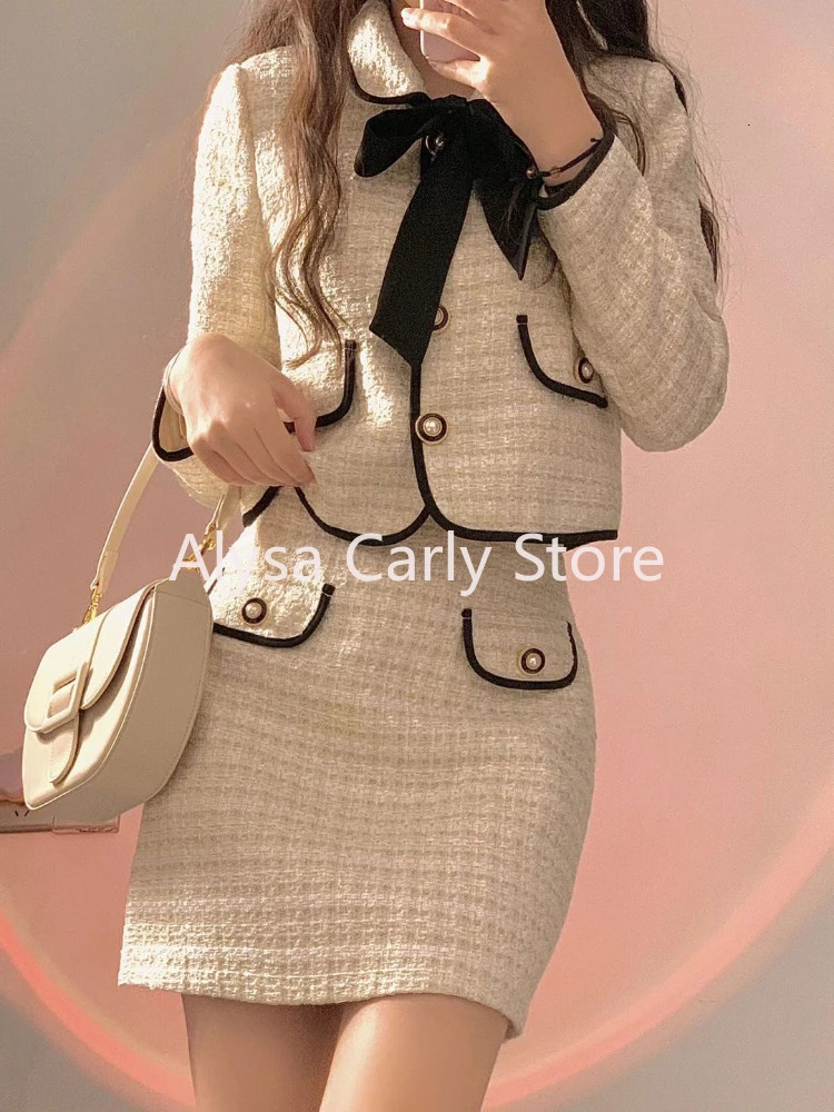 Winter Sweet Cute Two Piece Set Women Chic Bow Cropped Coat Button Mini Skirt Sets Japan Kawaii Fairy Birthday Party Skirt Set 250210