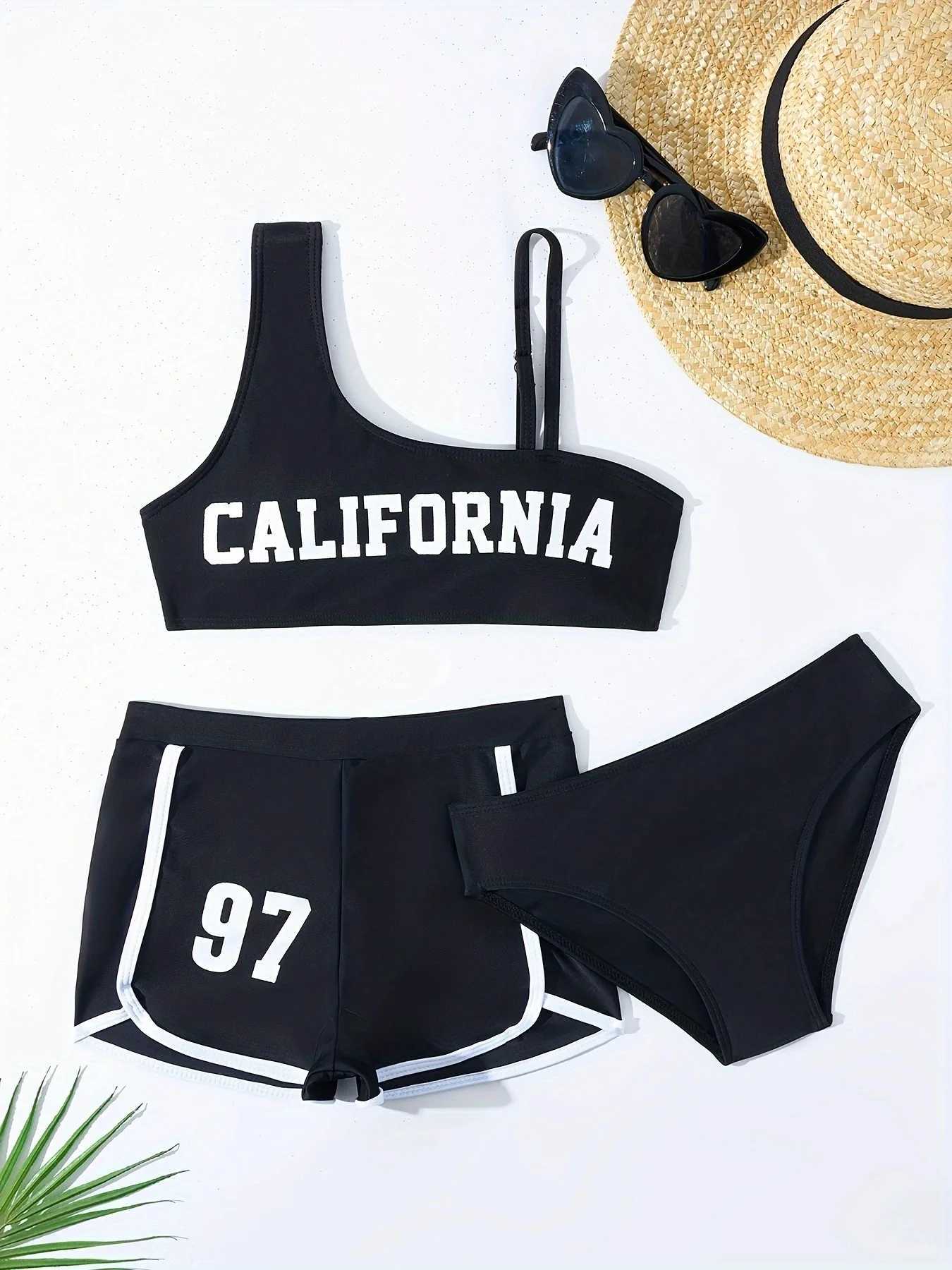 Girls 3pack Letter Print Sports Bikini Kids Swimsuit High Waist Shorts 8-12 Years Childrens Swimwear 2025 Teens Bathing SuitXJ250214