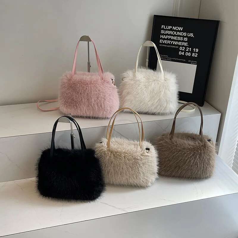 ISKYBOB Women's Imitation Fox Fur Handbags Plush Tote Fashion Fluffy Shoulder Bag Solid Color Winter Soft Crossbody Bags
