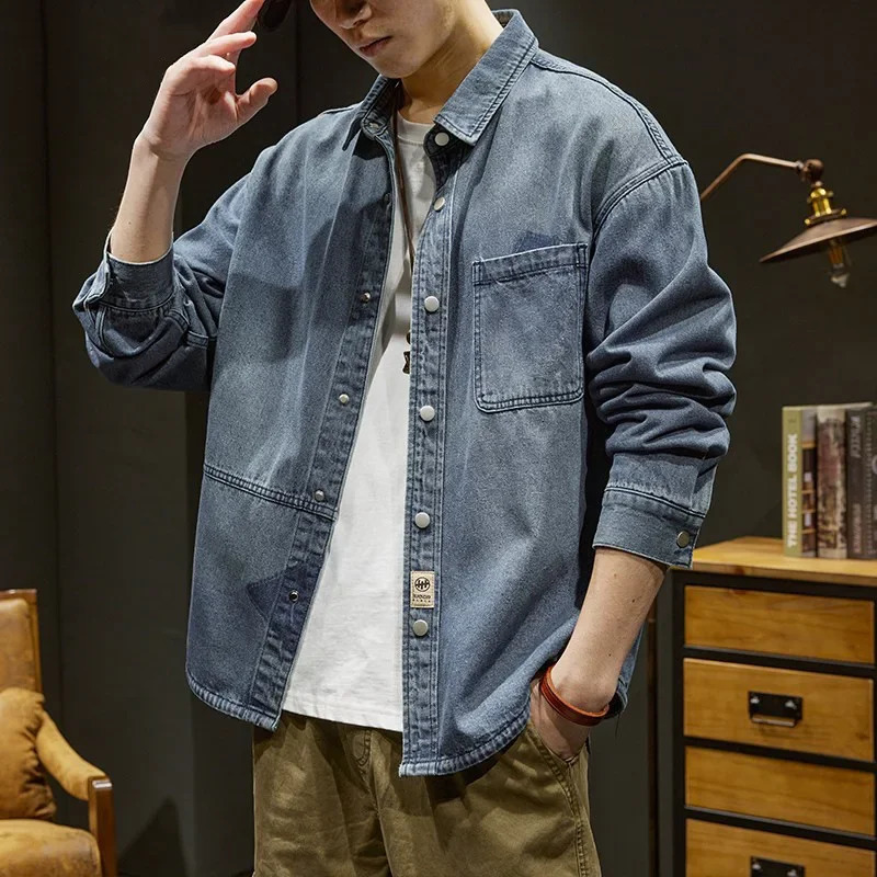 Spring jacket mens denim shirt long sleeved lapel casual retro clothing multi pocket 250212