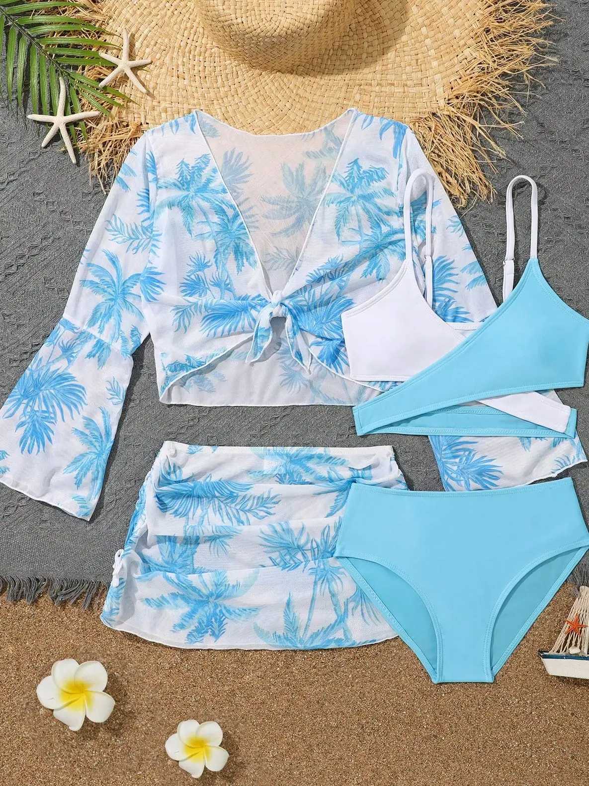 4 Pieces Bikini Top Skirt 2023 Girls Swimsuit Kids High Waist Swimwear Children Bathers Bathing Swimming Swim Suit BeachwearXJ250214
