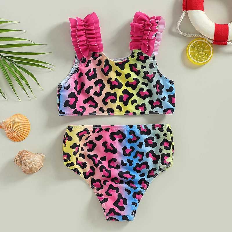 Yiiciovy Baby Kid Girl 2pcs Swimsuits Bikini Set Summer Leopard/ Heart Dot Print Sleeveless Tank Tops with Beach Shorts SwimwearXJ250214