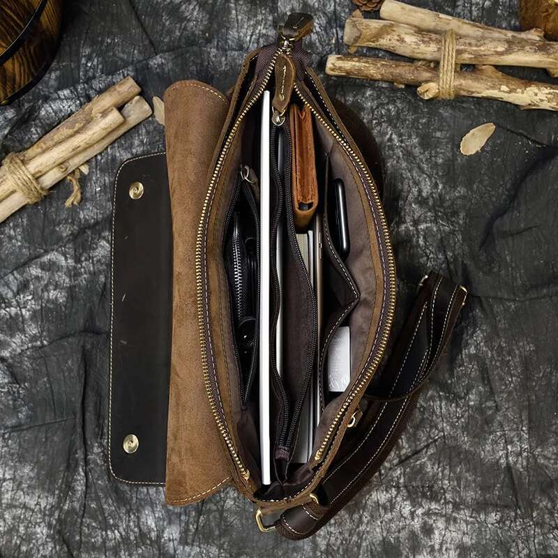 Men's Genuine Messenger A4 Vintage Crazy Horse Leather Shoulder Cowhide Magnetic Flap Laptop Crossbody Bag
