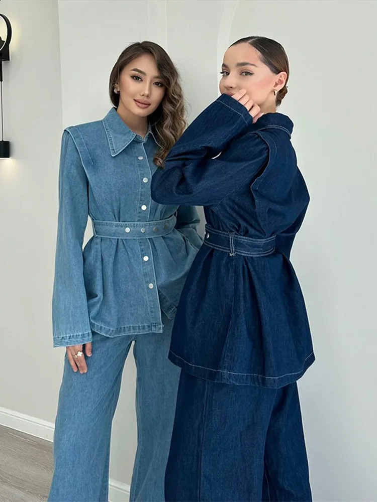 Vintage Denim Jacket Pant Sets Women Single Breasted Lapel Long Sleeve Belt Coat Wide Leg Trousers Jeans High Street Outfits 250210