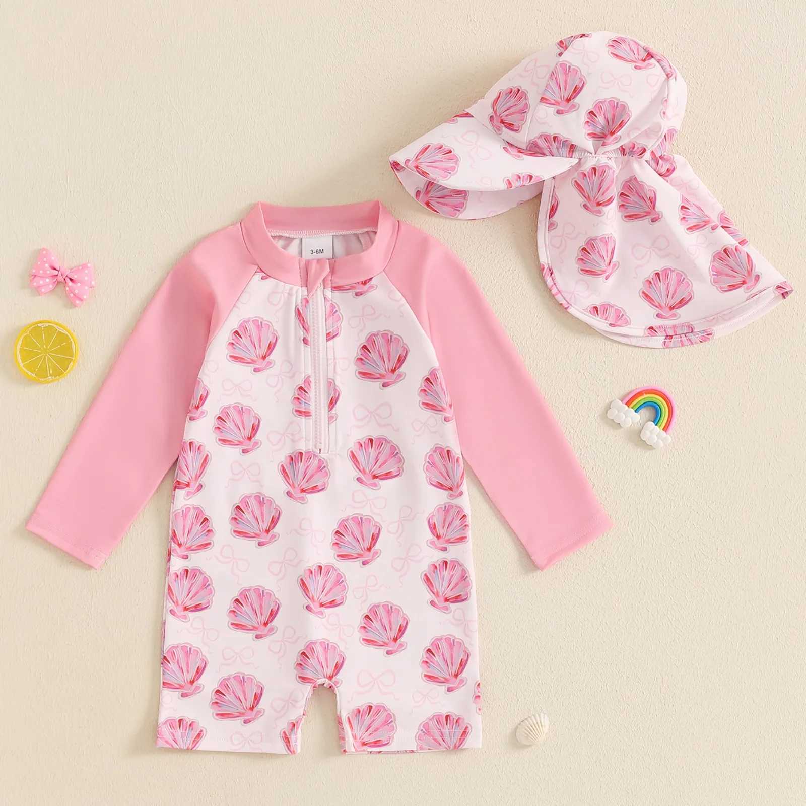 MISOWMNJOY Children Baby Girls Bathing Suit Summer New Rash Guard Swimsuit with Hat Shell Pattern Zip Up Long Sleeve SwimwearsXJ250214