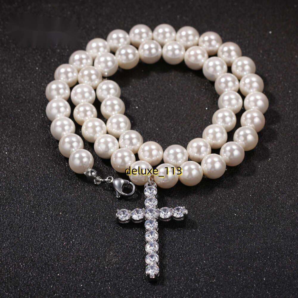 Minimalist Cross Pendant 8-10mm Pearl Necklace Hip Hop Fashion Men's and Women's Accessories