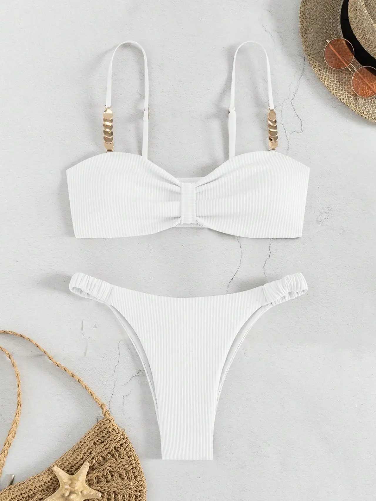 Sexy Front Bow Push Up Bikini Set 2025 Women Metal Strap Hollow Out Bra Pleate Thong Swimsuit Summer Bathing Suit White SwimwearW250214