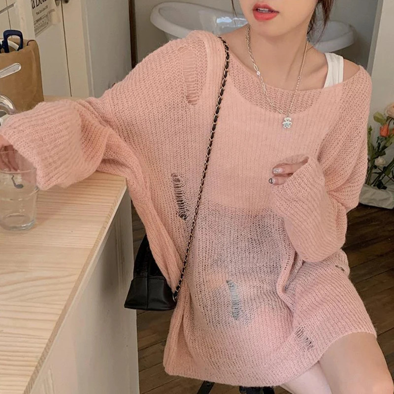 Y2K Womens Fluffy Off-shoulder Sweater Solid Color Loose Ripped Long Sleeve Knitwear Summer Fall Streetwear Pullover Cover Ups 250210
