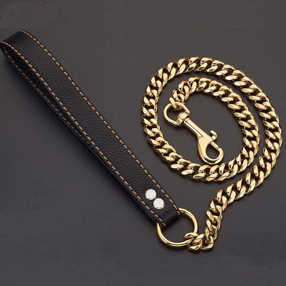 15mm stainless steel dog chain in steel/gold color, comfortable for non gripping dogs and pet supplies, black leather single six traction rope