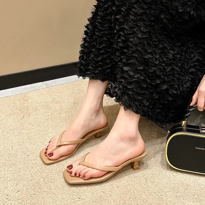 Clip-toe Fashion Sandals Women 2024 Summer Thin Heel Flip Flops Ladies er Casual Solid Color Slippers for Women 250214