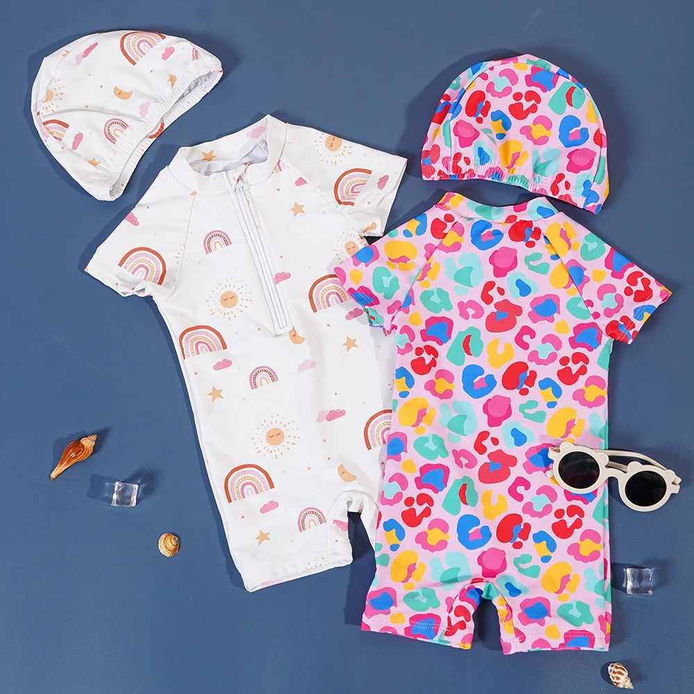 Elinfant Baby 0-2Y Newborn Infant Toddler Baby Boy Girl Swimsuit Short Sleeve Swimwear Beachwear Suit With HatXJ250214