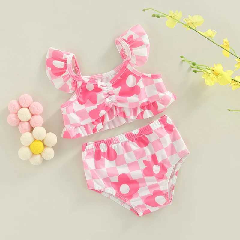 Toddler Baby Girls Swimwear Bikini Set Flower Plaid Print Fly Sleeve Camisole with Briefs Bathing Swimsuit for Summer BeachwearXJ250214