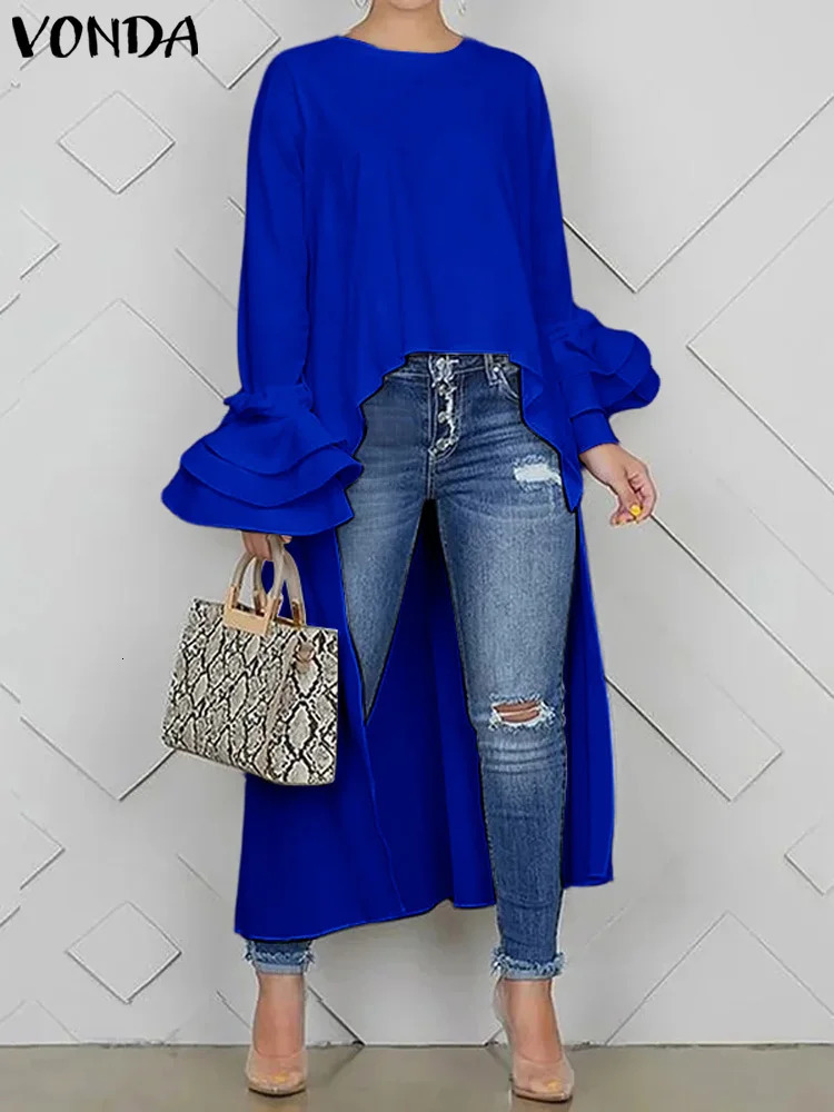 Plus Size VONDA Women Irregular Tops Satin Silk Blouses Casual Tunics Elegant Flare Sleeve Solid Split Layered Blouses 250210