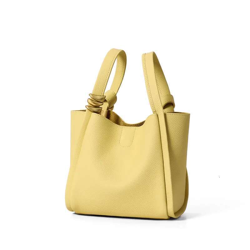 Spring Summer Yellow Bucket Tote Brand Designer Fashion Cowhide Leather Women Handbag Urious Ladies Shoulder Bag