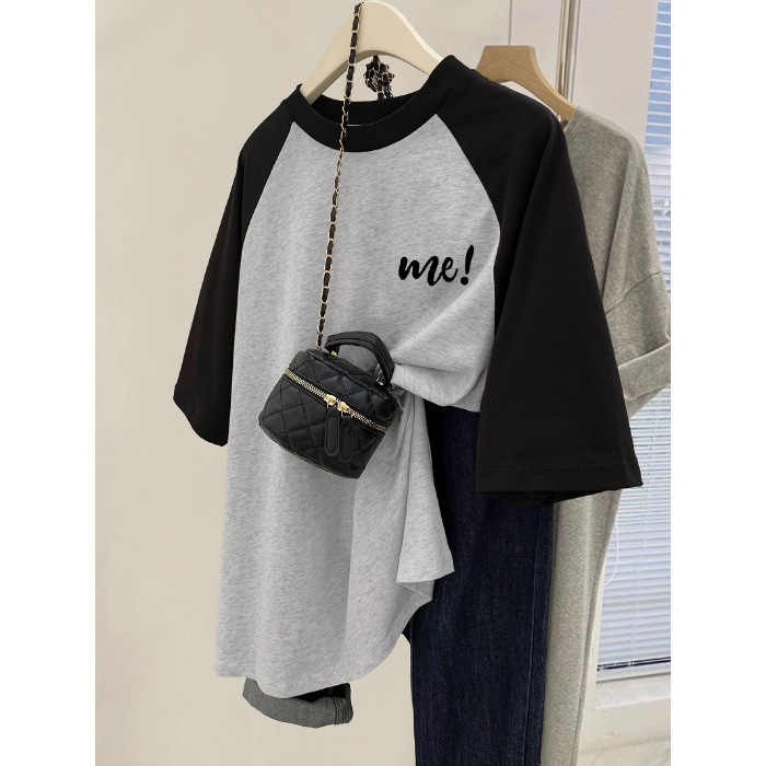 Designer Color Blocked Off Shoulder American T-shirt Short Sleeve 2025 Spring/summer New Style Loose Concealed Women's Top Grey