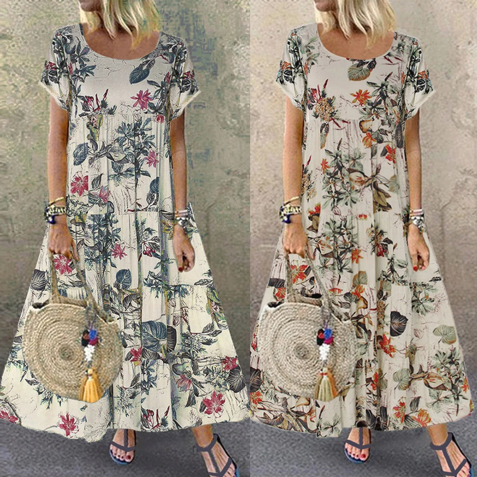 Summer Maxi dress womens floral printed cotton linen long skirt casual short sleeved Sundress Vestidos dress womens dress plus 5XL 250213