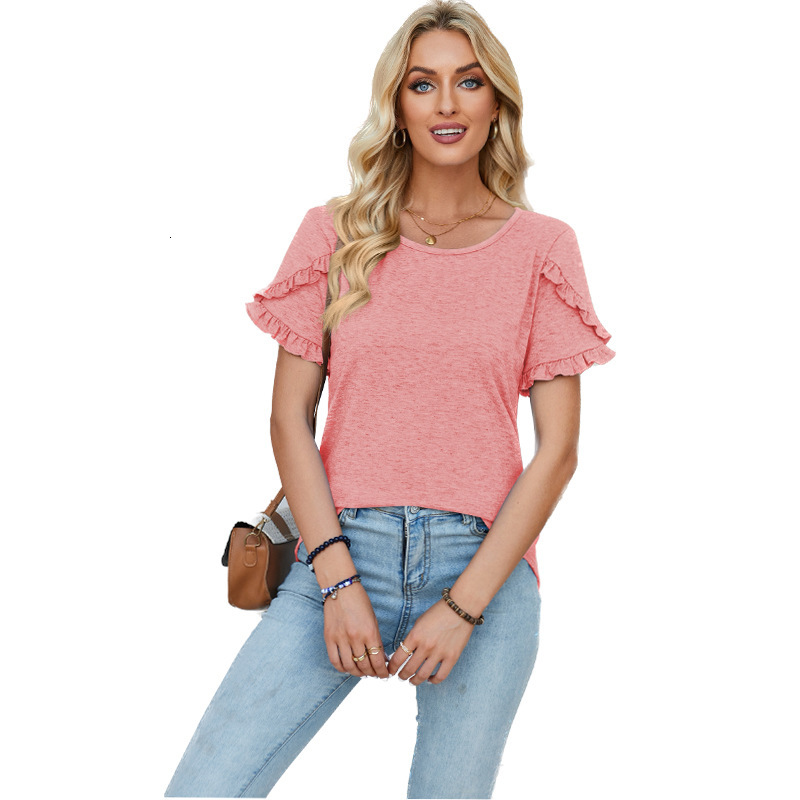 Designer 2025 Spring/summer New Round Neck Petal Sleeve Splicing Solid Color T-shirt Loose Top