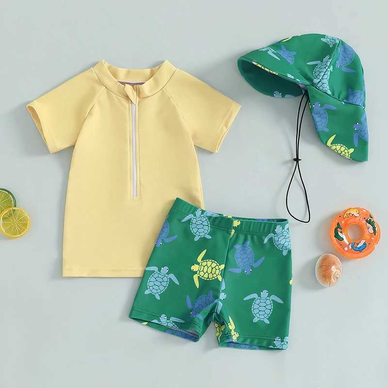 Toddler Boys Rash Guard Set 3 Piece Swimsuit Suit Short Sleeve Tops Turtle Print Swim Trunks Swim Cap Bathing SuitXJ250214