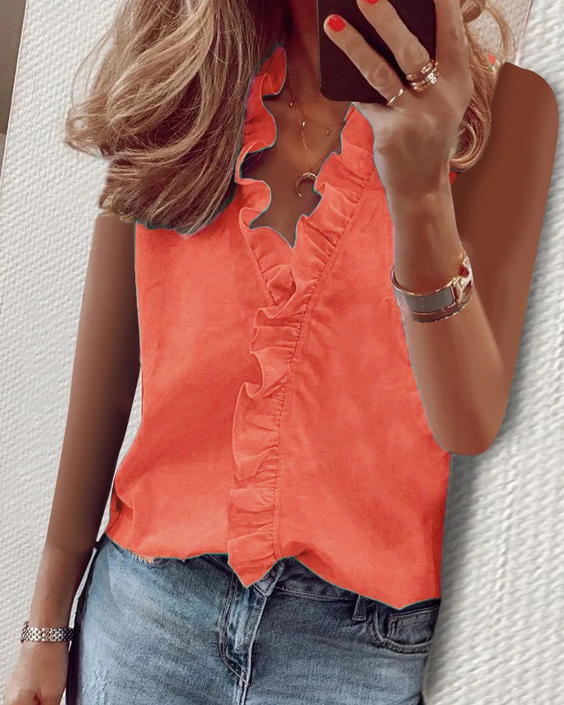 Plus size summer shirt European and American casual sleeveless V-neck shirt Womens commuting solid color printed loose top 250210