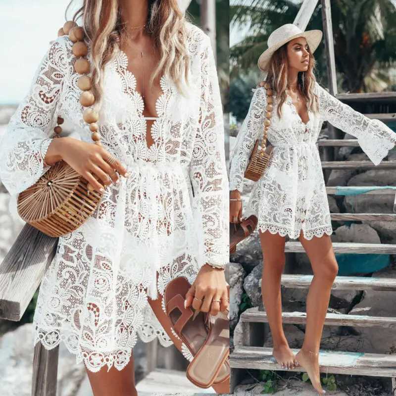 Womens Boho V-Neck Lace Dress Bikini Mini Set Crochet Print Knit Beach Swimwear Cover Up Flared Ruffles Long Sleeve SundressW250214