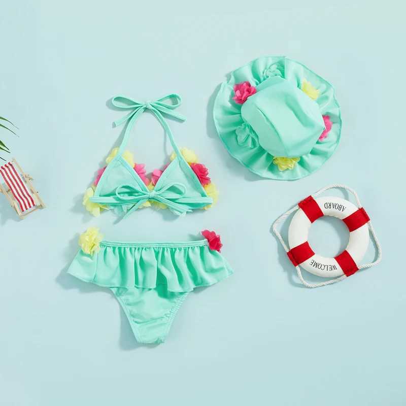 Citgeett Summer Infant Girls Swimsuits Flower Halter Neck Tops Ruffles Shorts Hat Bikini Split Swimwear Clothes SetXJ250214