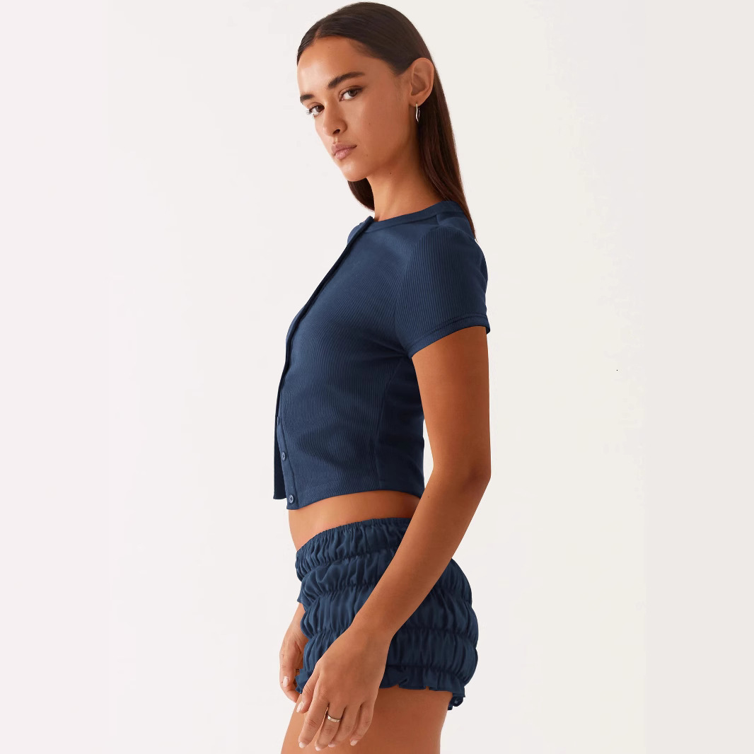 Designer Fashion Trend Free Shipping 2025 Summer Women Clothing New Collection Buckle Slimming Short Sleeved T-shirt Single Breasted Knitted Top