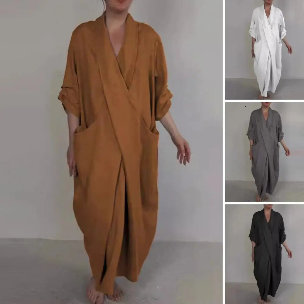 Spring Fall Maxi Dress Robe Baggy Cross V Neck Dresses Solid Color Large Pocket Retro A-line Bohemian Maxi Dress For Casual 250213