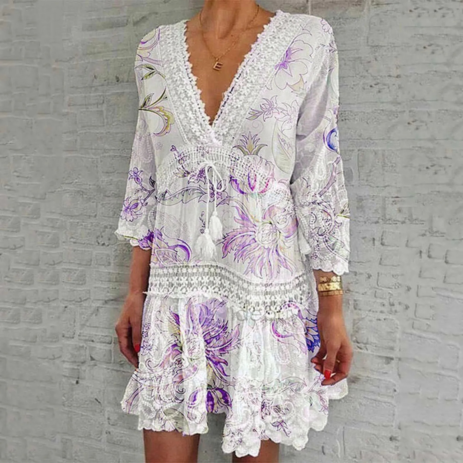 Summer Sexy Hollow Out Print Vintage Dress Women Elegant Long Sleeve A-Line Dresses Fashion Deep V Neck Party Dress 250213
