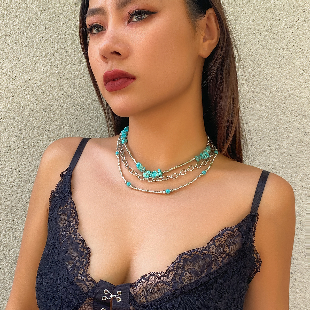 women fashion Jewelry ethnic style cross chain contrasting color collar pattern turquoise set necklace