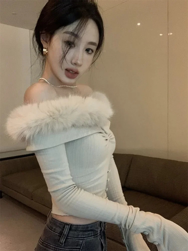Sexy Off Shoulder Plush Tops Women Autumn Slim Fit Sweaters Women Y2k E-Girl Long Sleeve Bottoming Pullovers 250210