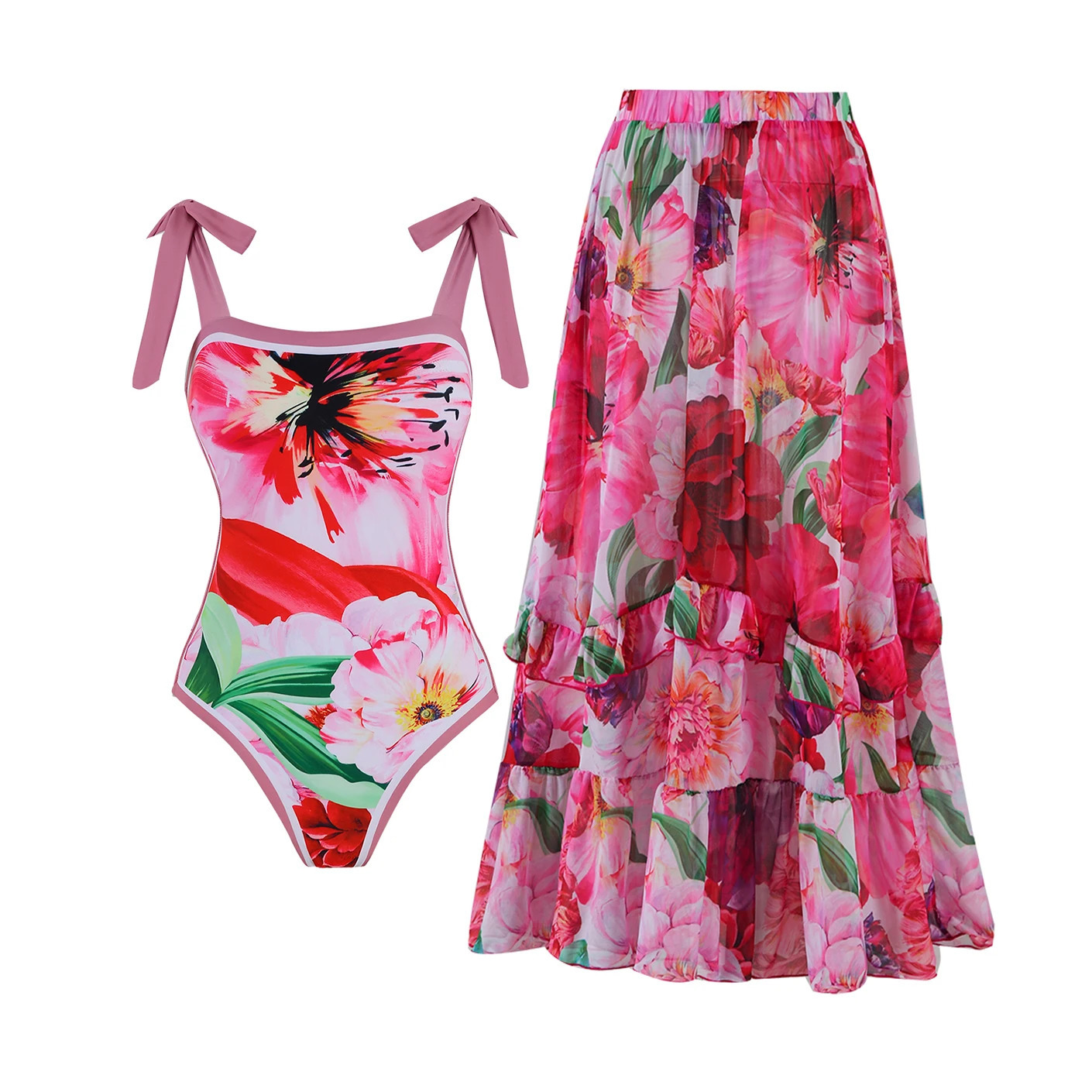 Floral Print Shoulder Ruffle One Piece Swimsuit With Cover Up Women Swimwear Sexy Swim Suit Monokini Bodysuit Bathing Suit 250214