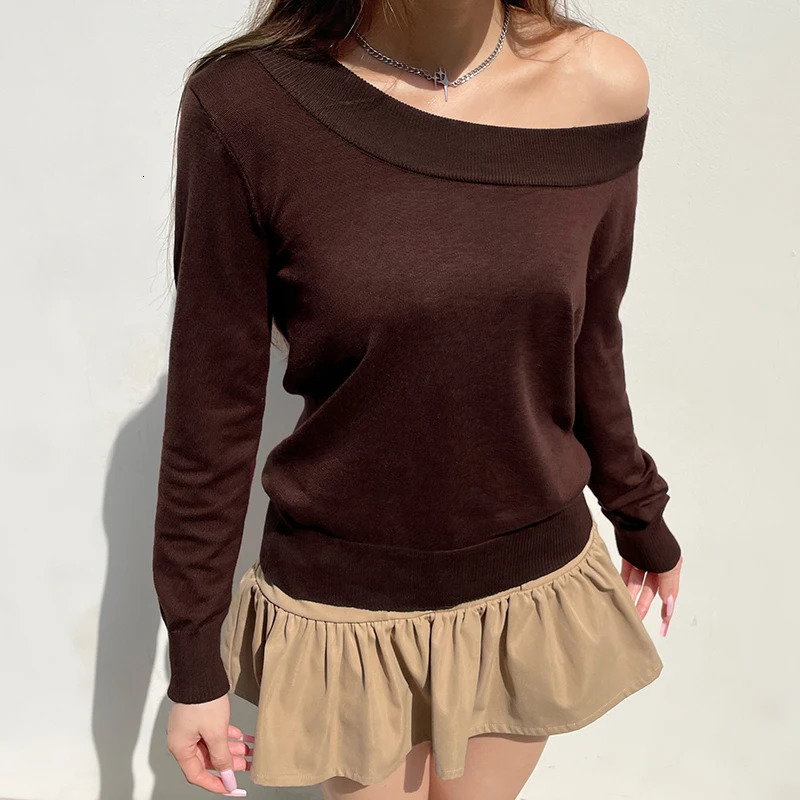 Cibbar Brown Slant Neck Sweater Retro 2000s Full Set Shoulder Knitted Top Pulling Flower Retro Solid Loose Womens Sweater 250210