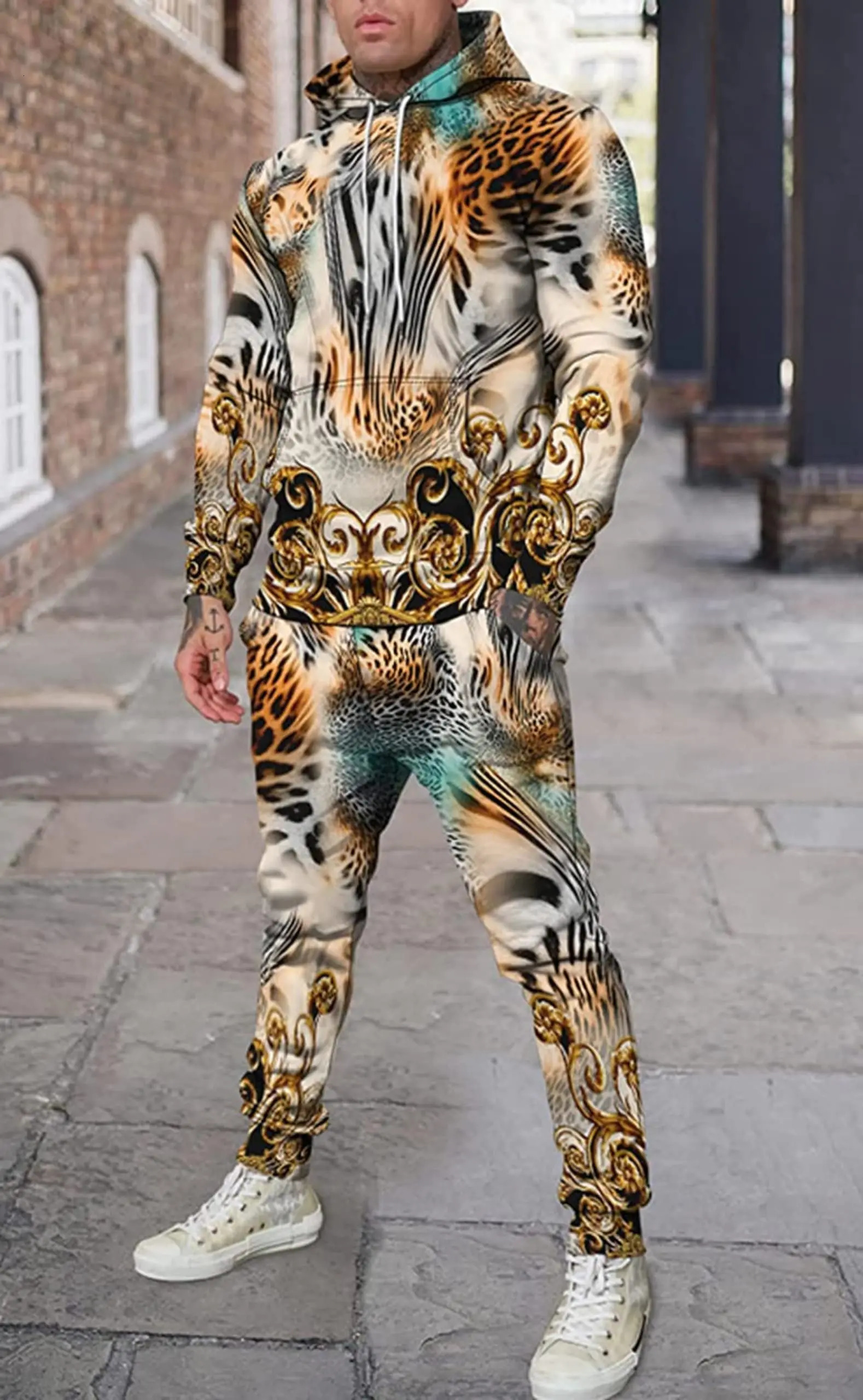 3D Leopard Print Mens Hoodie Pants 2-Piece Outfits Autumn/Winter Mens/Womens Hooded Sweatshirt Sets Oversized Tracksuit Suits 250214