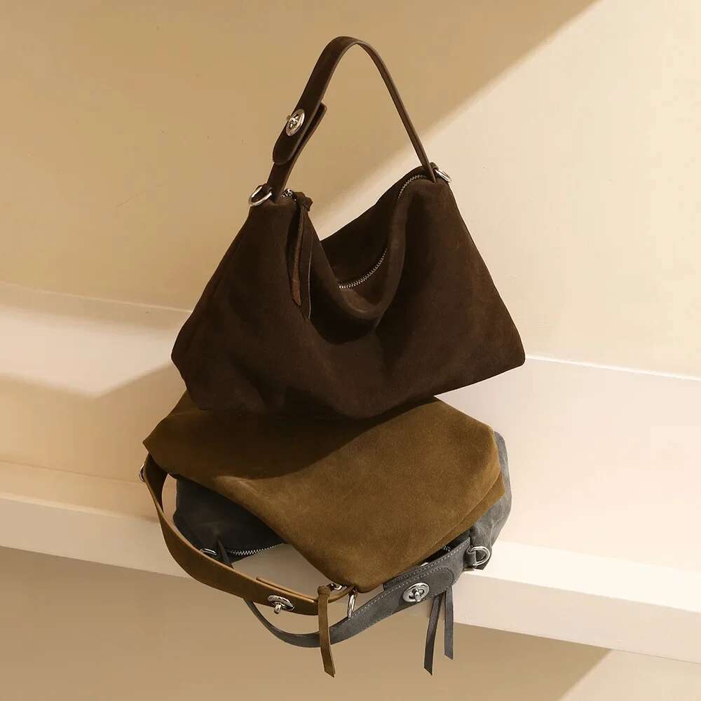2024 New Winter Suede Leather Women Large Retro Bags High Quality Female Commute Handbag Frosted Shoulder Bag Coffee Brown