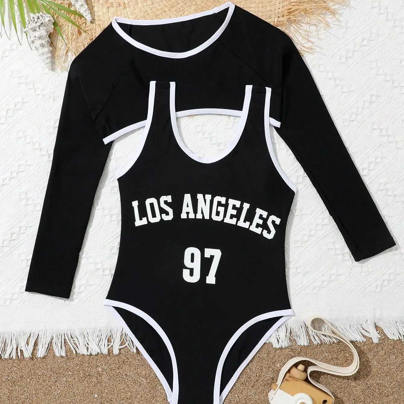 Girls Child One Piece Swimsuit with Long Sleeve Cover Up Top 7-12 Years Childrens Swimwear 2024 Teens Bathing Suits for KidsXJ250214