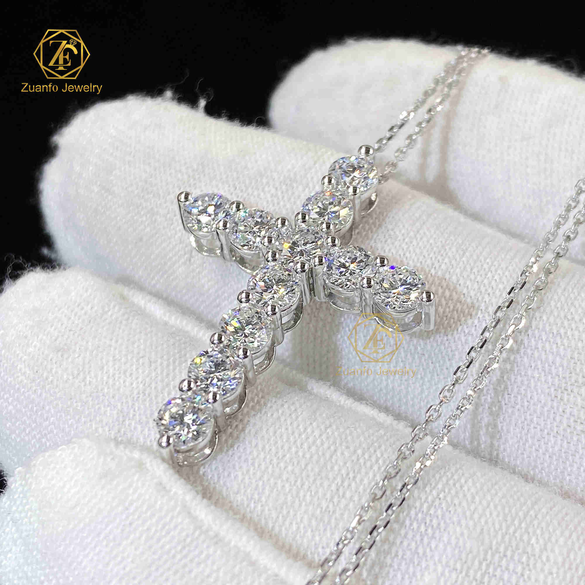 Real Diamond Jewelry Jesus Cross Pendant 4mm 5mm Lab Grown Diamond 14k White Gold Pendant Necklace