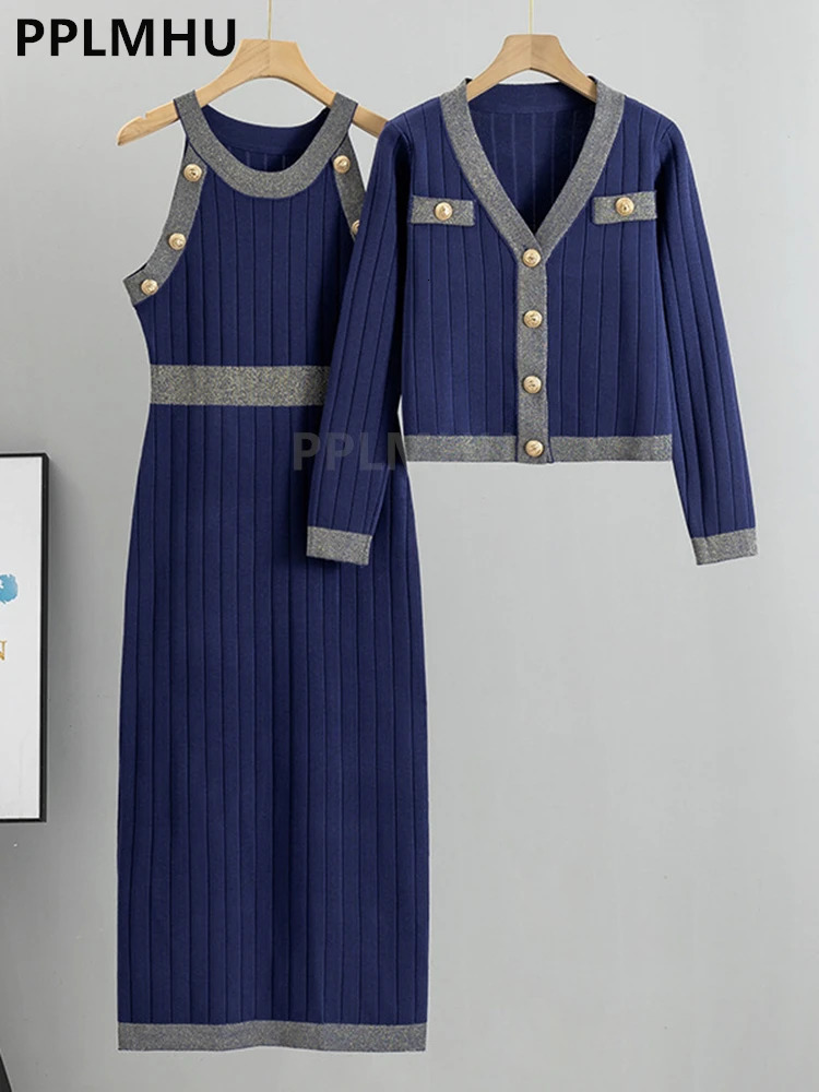 Knit Bodycon Dresses 2 Piece Sets Women V-neck Short Sweater Cardigan Set Korean Chic Sexy Slim Tank Maxi Dresses Outfits 250210