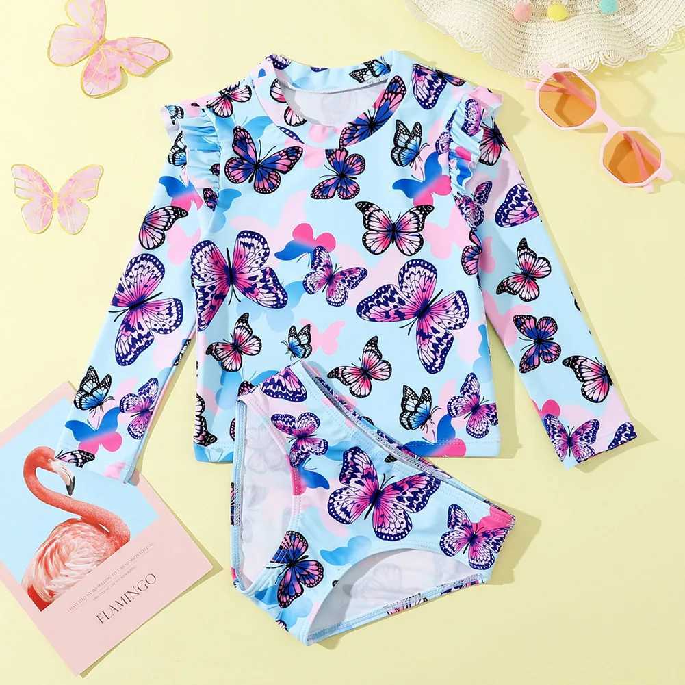 Girl Swimwear Summer Kids Swimming Clothing Ruffles Long Sleeve Beachwear Bathing Suit Butterfly Print Girls Two Piece SwimsuitXJ250214