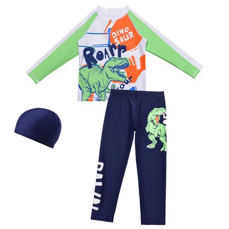 3 Pcs Boy Swimsuit Sun Protection UPF 50+ Long Sleeve Swimming Sunsuit Hat Split Bathing Suits Children Dinosaur ShortsXJ250214