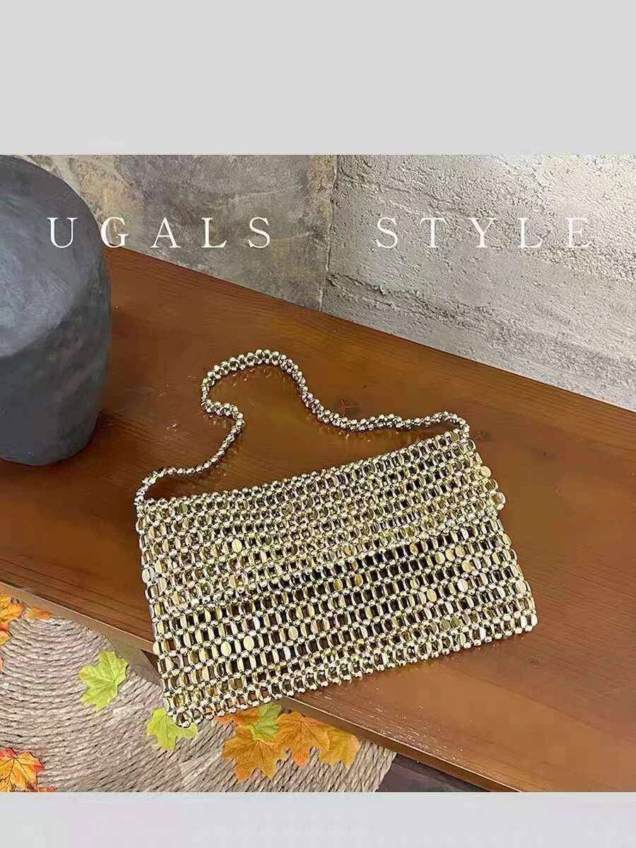 Fashion Beads Beading Woven Handmade Square Women's Handbag Glitter Shiny Shoulder Underarm Lady Purse Female Casual Bag