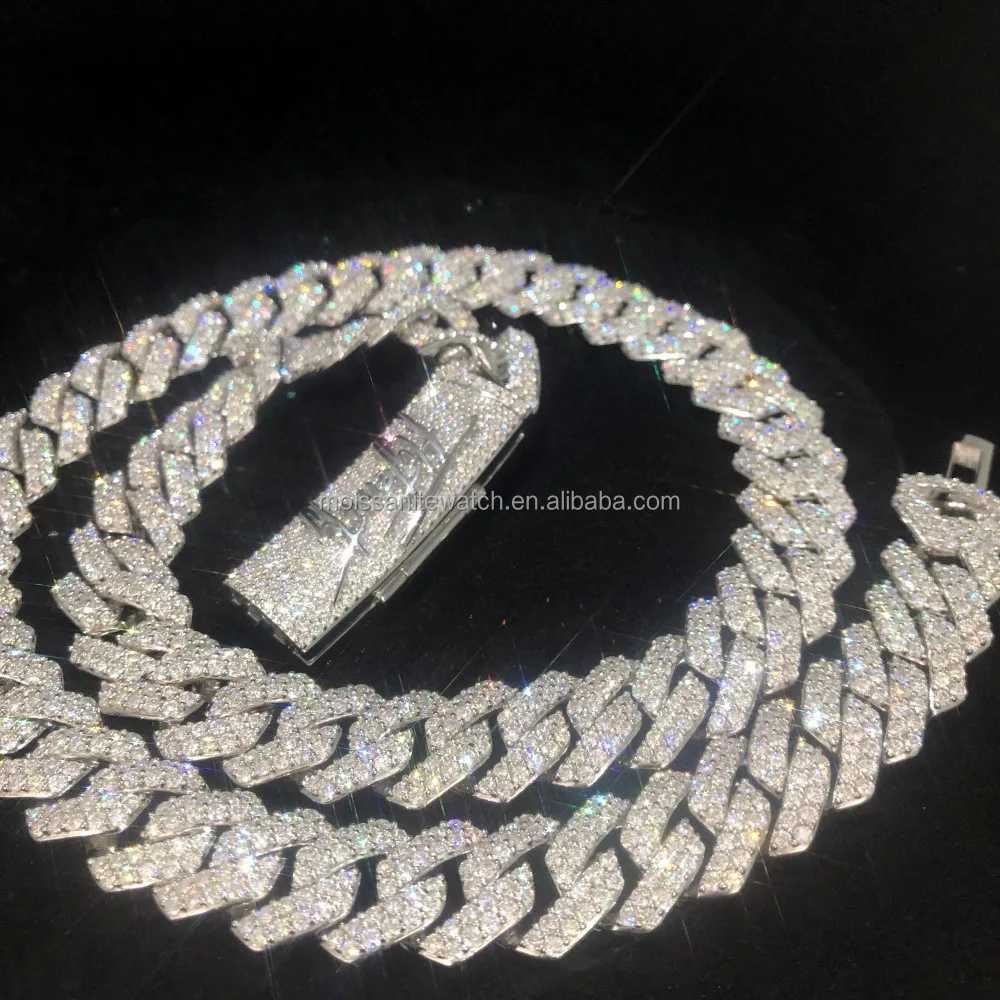 Hip Hop Jewelry Mens Iced Custom Cuban Chain S925 Sterling Silver Vvs Moissanite Luxury Cuban Chain Necklace
