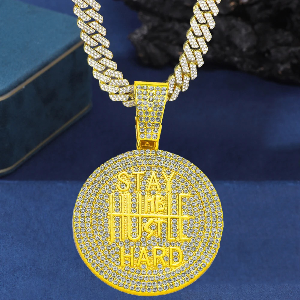 STAY HARD Round Pendent Necklace with Iced Cuban Link Chain Rapper Gift for Men Women 250214