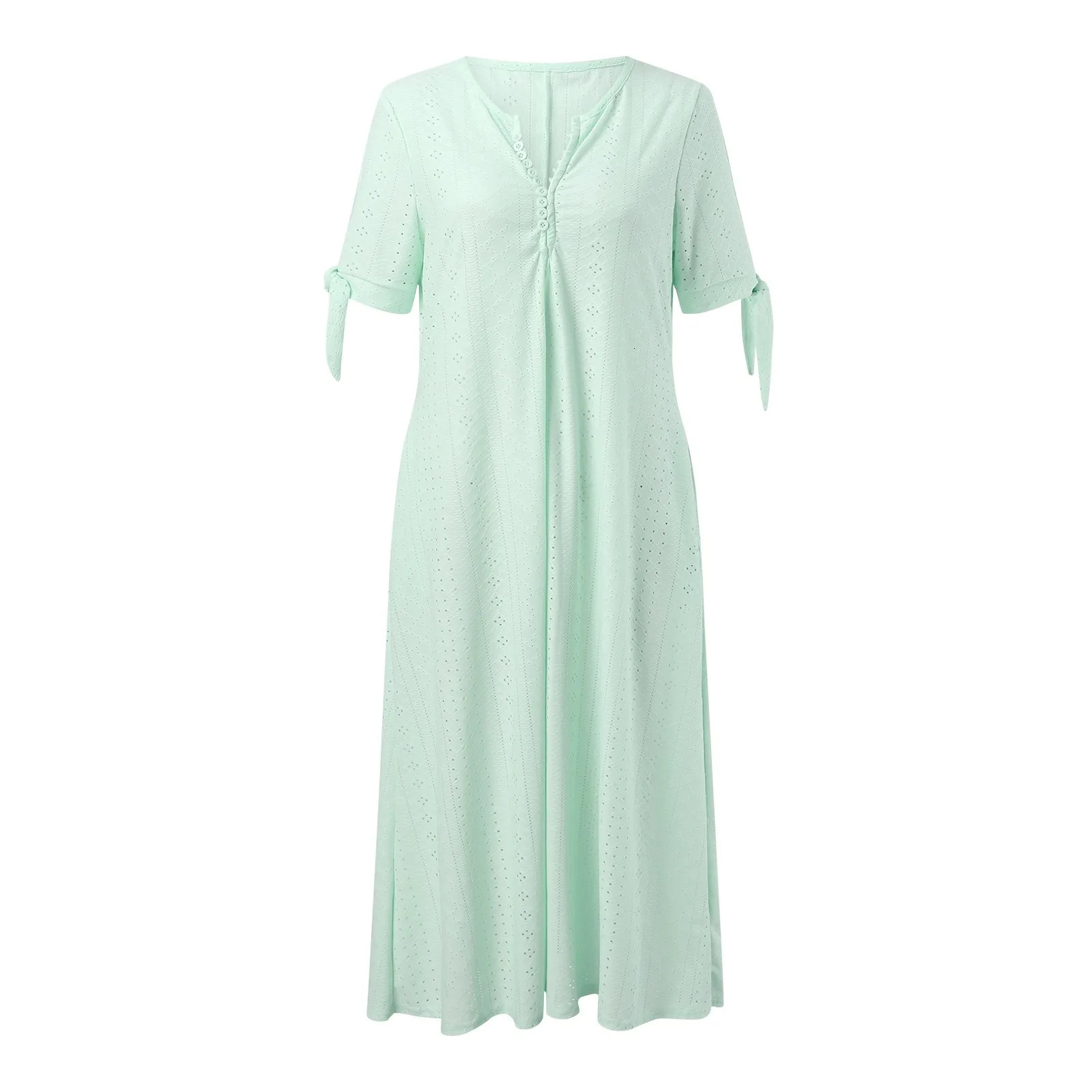 Womens Boho Style Long Dresses Casual Pleated Solid Lace Hollow Button Casual Dress Lace Up Bow Short Sleeve Sundress Dress 250213
