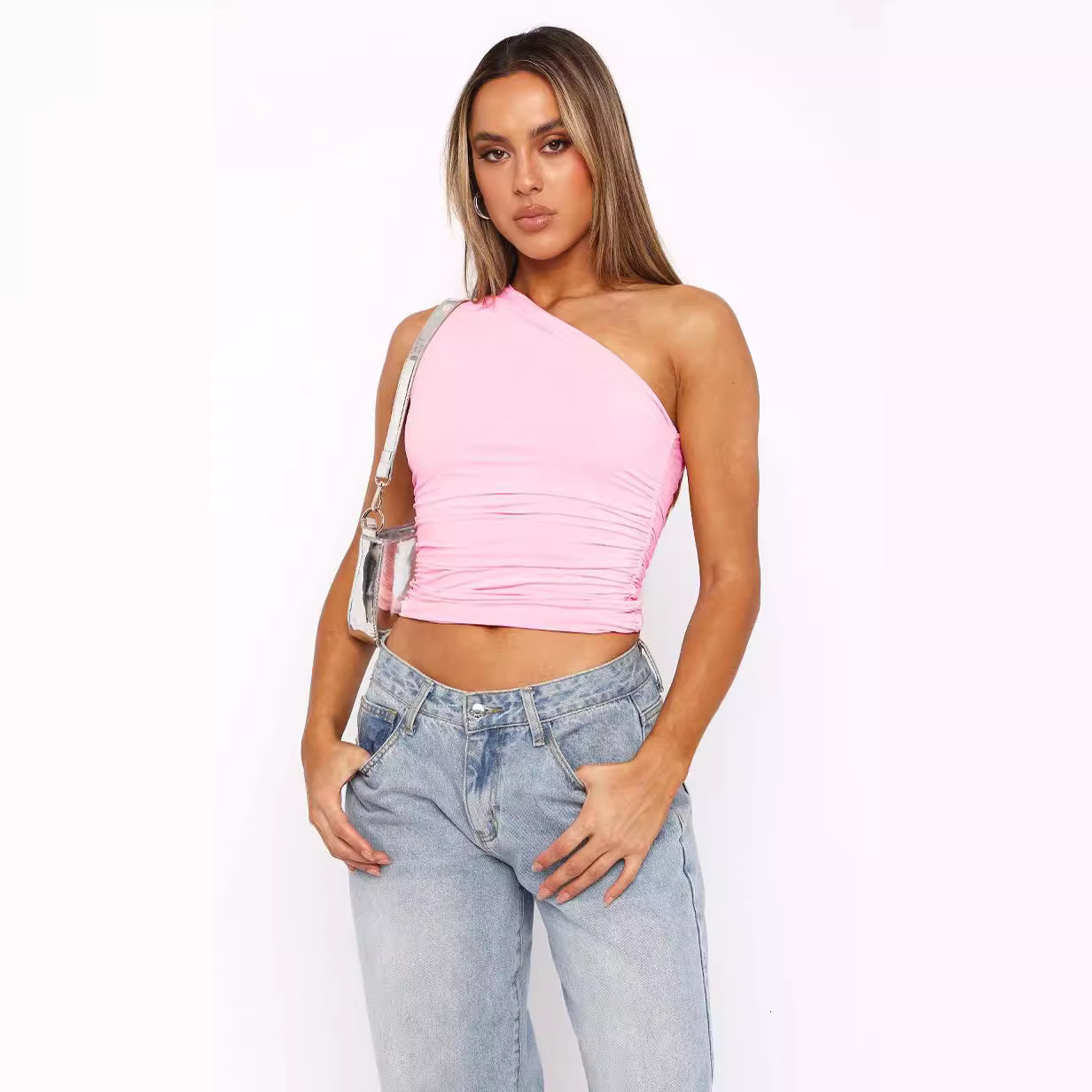 Designer Free Shipping Spring/summer New Y2K Spicy Girl Women Slanted Shoulder Sleeveless Sexy T-shirt Design Sense Slim Fit Top