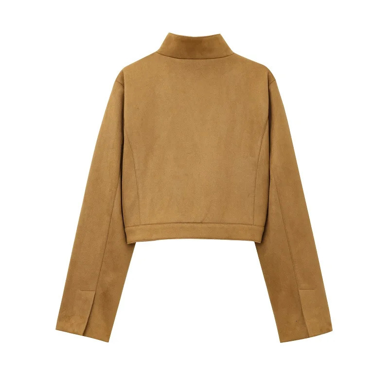 TRAF Cropped Faux Leather Jacket Womens Autumn Long Sleeve Short Bomber Outerwears Ladies Fashion Casual Camel Coat 250211